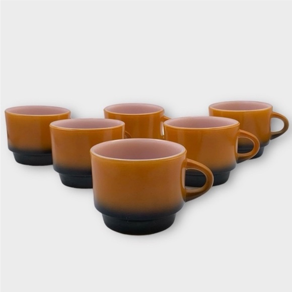 Vintage 60s Fire King Orange and Black Ombré Milk Glass Stackable Mugs set of 6 - Picture 1 of 15